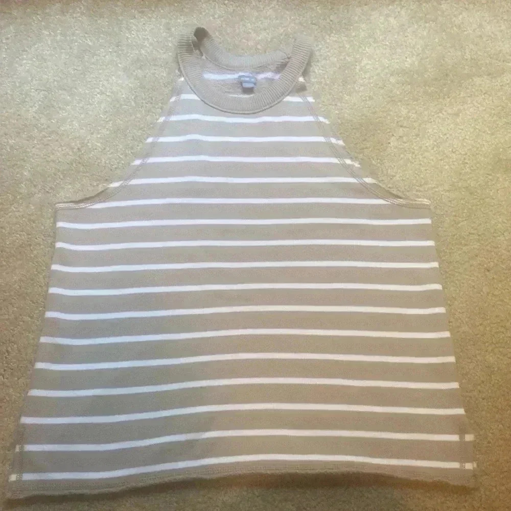 aerie women’s high neck halter sweatshirt tank beige and white strip size small